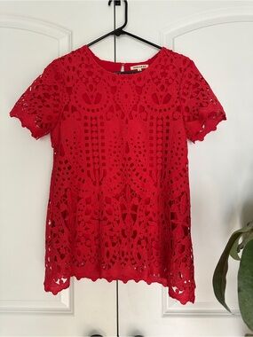 JessaKae Red Crochet Lace Short Sleeve Blouse